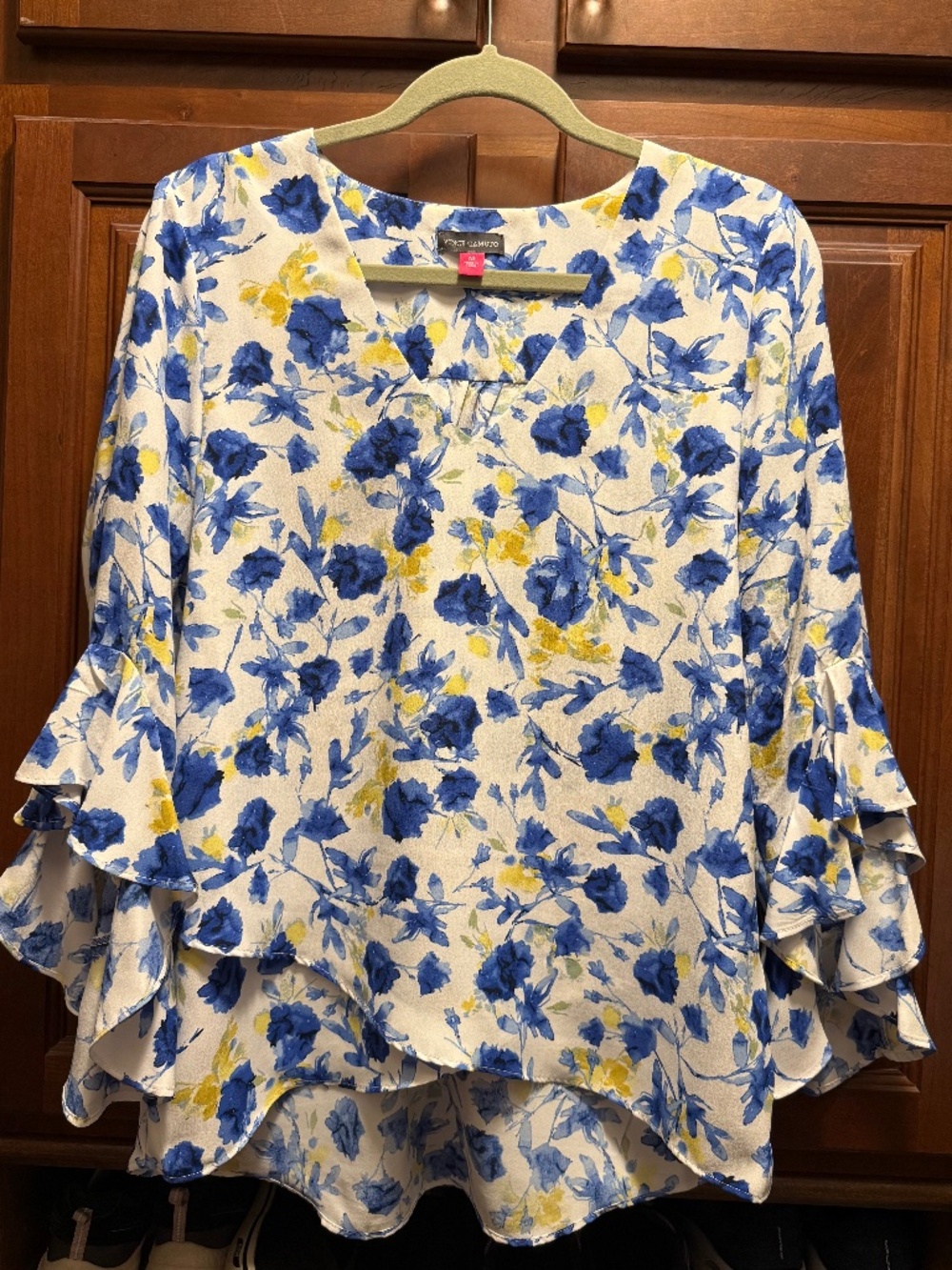 Vince Camuto Blue Yellow Floral Tiered Bell Sleeve Blouse Size M